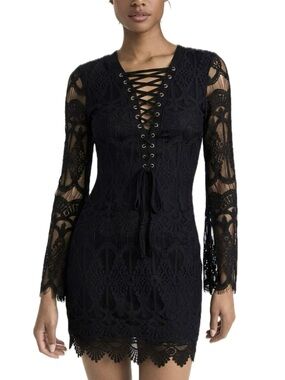 Glamourous Black Lace Up All Over Lacey Dress Size XS Bell Sleeve Fairy Goth